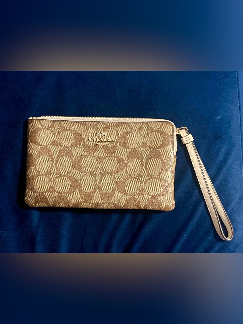 COACH Brown Signature Canvas Wristlet with Tan Strap